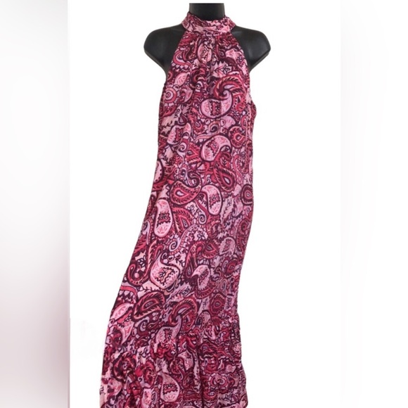 Cynthia Steffe fuchsia red pink combo silk like tiered halter maxi dress‎ size L - Picture 1 of 8